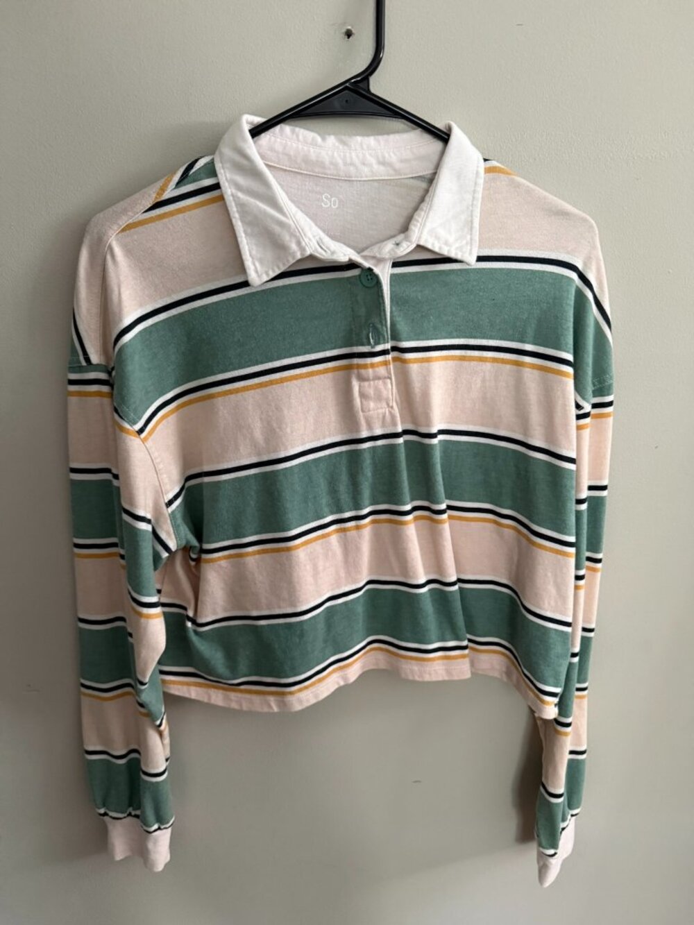 Green and white striped SO size M long sleeve collared shirt